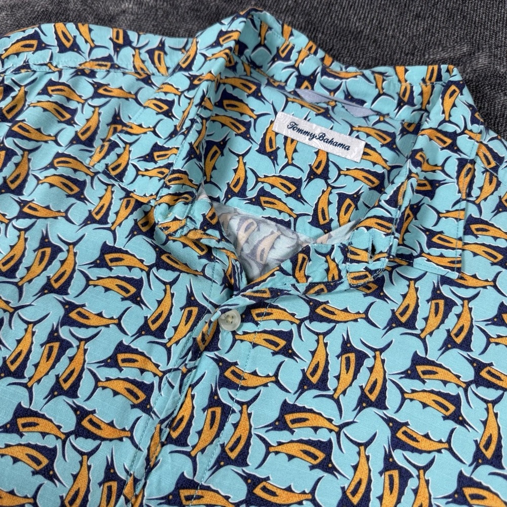 Tommy Bahama Shirt Mens XL Blue Orange All Over Print Swordfish Rayon Button Up‎